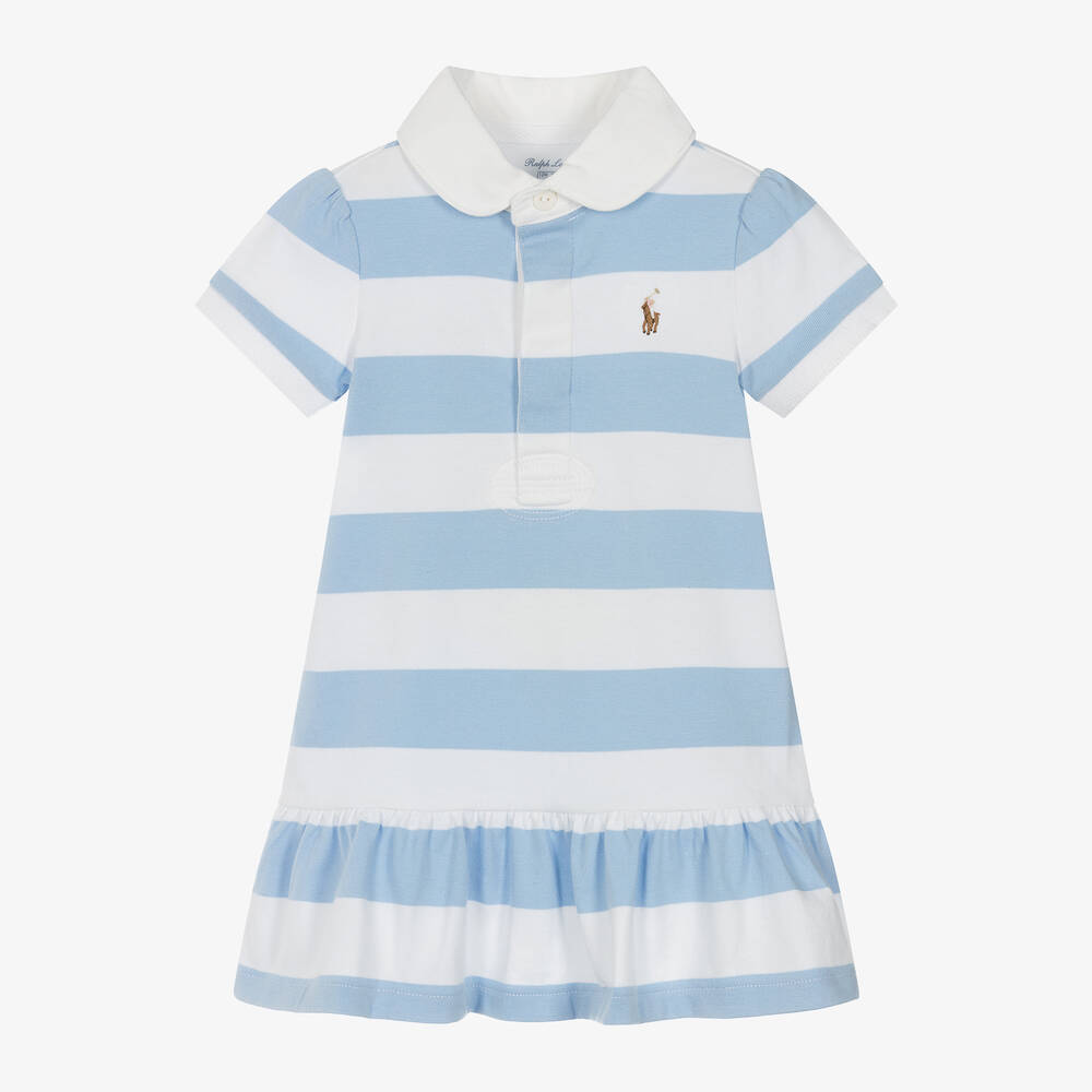 Ralph Lauren - فستان رغبي قطن مقلم لون أزرق للمولودات | Childrensalon