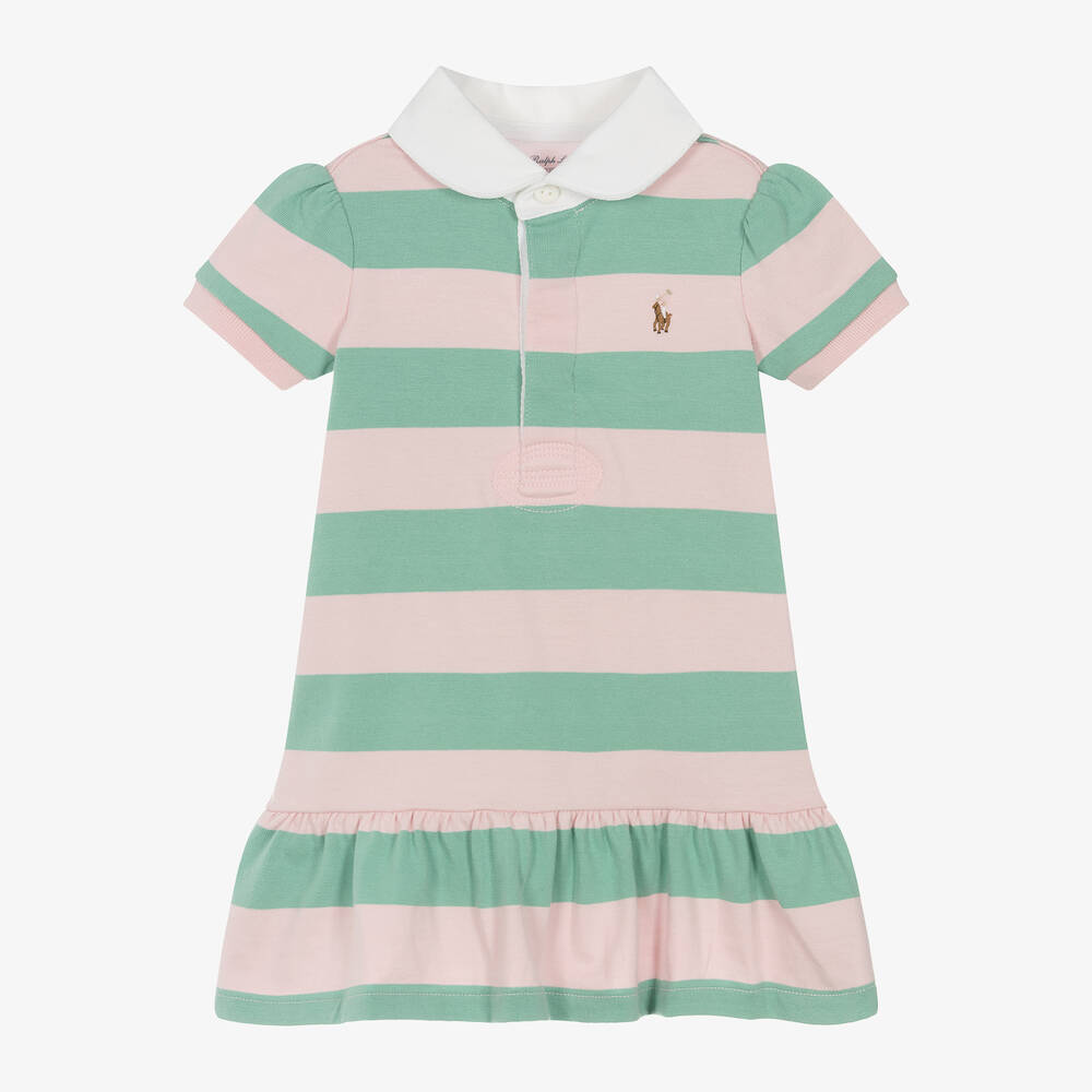 Ralph Lauren - Baby Girls Green Striped Rugby Shirt Dress | Childrensalon