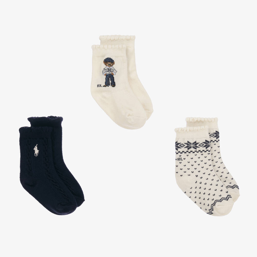 Ralph Lauren - Baby Girls Ivory & Blue Socks (3 Pack) | Childrensalon