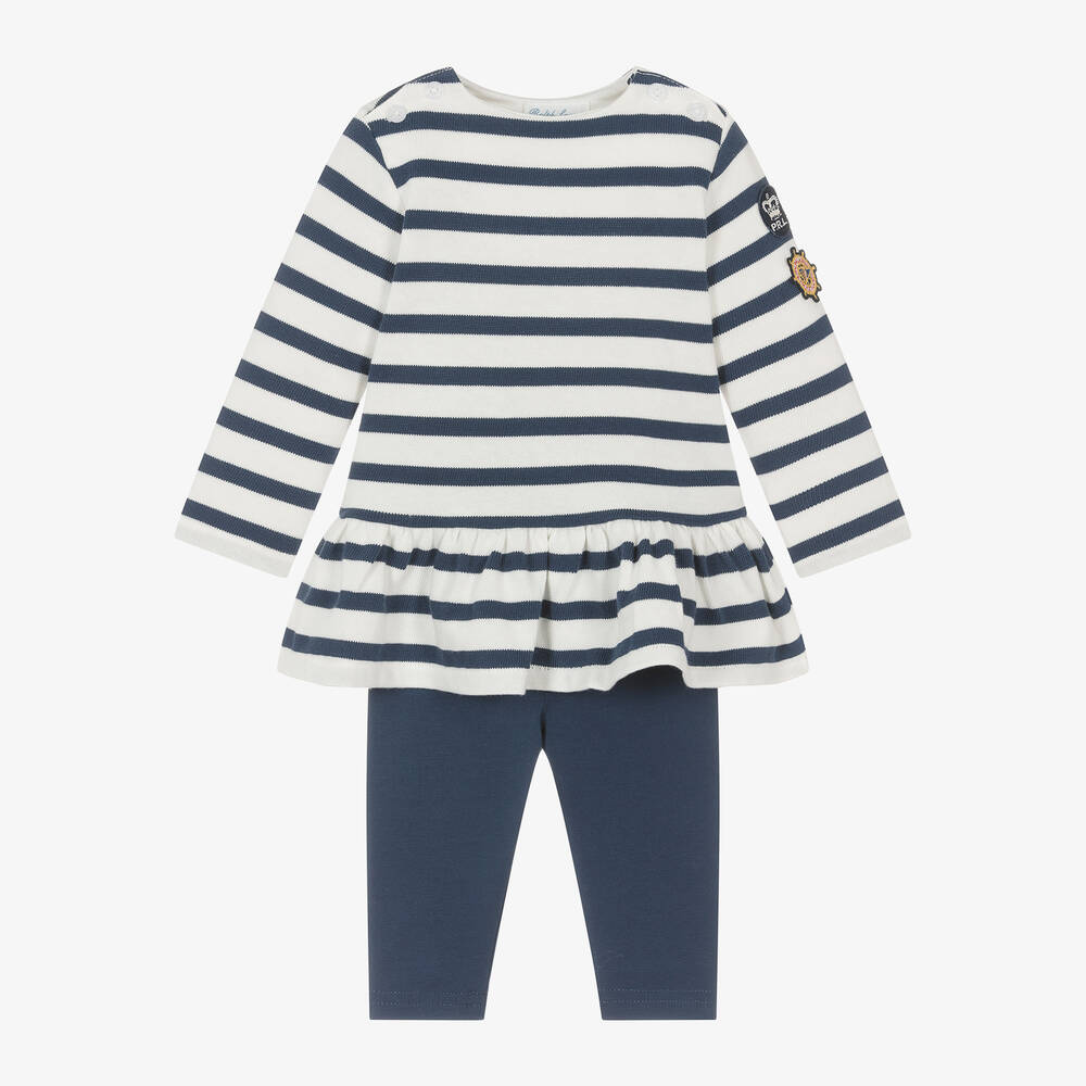 Ralph Lauren - Baby Girls Ivory & Blue Stripe Leggings Set | Childrensalon