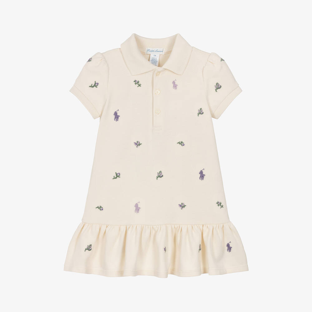 Ralph Lauren - Baby Girls Ivory Cotton Polo Dress | Childrensalon