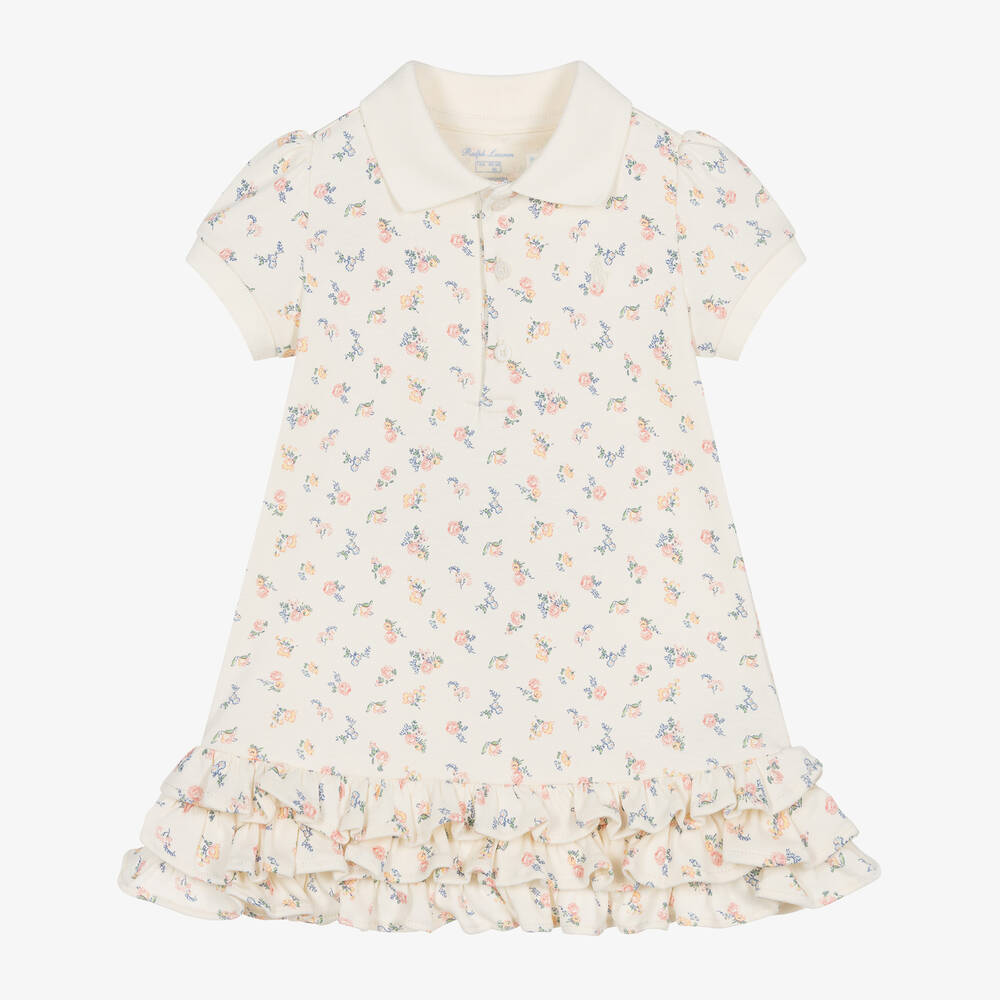 Ralph Lauren - Baby Girls Ivory Floral Ruffle Polo Dress | Childrensalon