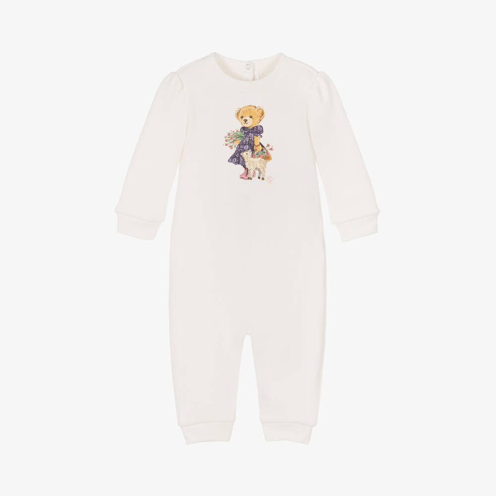 Ralph Lauren - Baby Girls Ivory Polo Bear Cotton Romper | Childrensalon