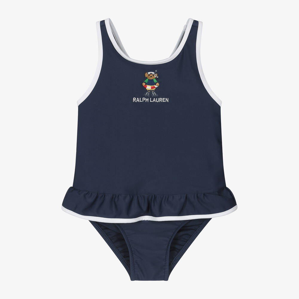 Ralph Lauren - Baby Girls Navy Blue Polo Bear Swimsuit | Childrensalon
