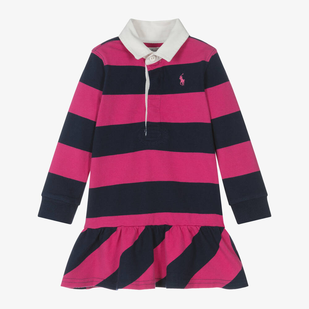 Ralph Lauren - Baby Girls Pink & Blue Stripe Rugby Dress | Childrensalon