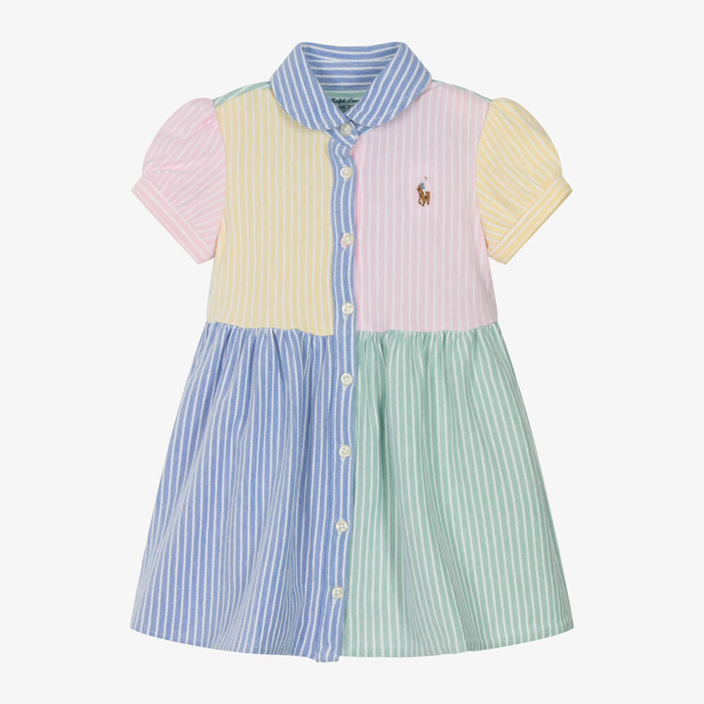 Ralph Lauren - فستان قطن بيكيه لون زهري بألوان بلوك للمولودات | Childrensalon
