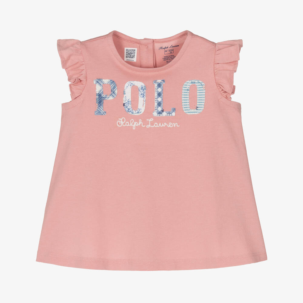 Ralph Lauren - Baby Girls Pink Cotton Patchwork T-Shirt | Childrensalon