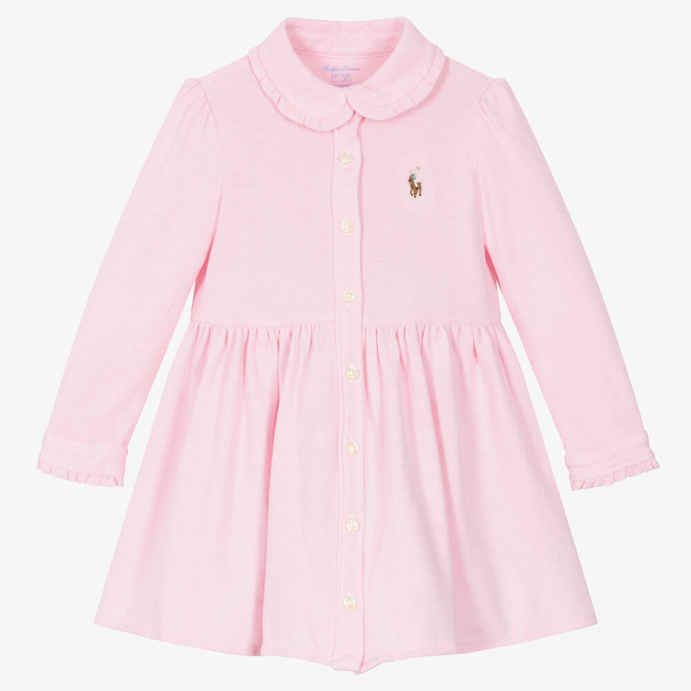 Ralph Lauren - Baby Girls Pink Cotton Piqué Dress | Childrensalon