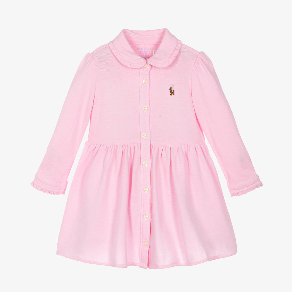 Ralph Lauren - Baby Girls Pink Cotton Piqué Dress | Childrensalon