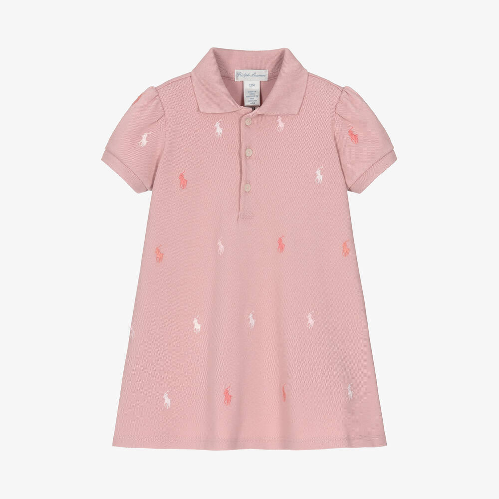 Ralph Lauren - Baby Girls Pink Cotton Pony Polo Dress | Childrensalon