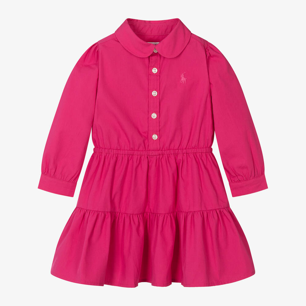 Ralph Lauren - فستان قميص قطن بوبلين لون زهري فيوشيا للمولودات | Childrensalon
