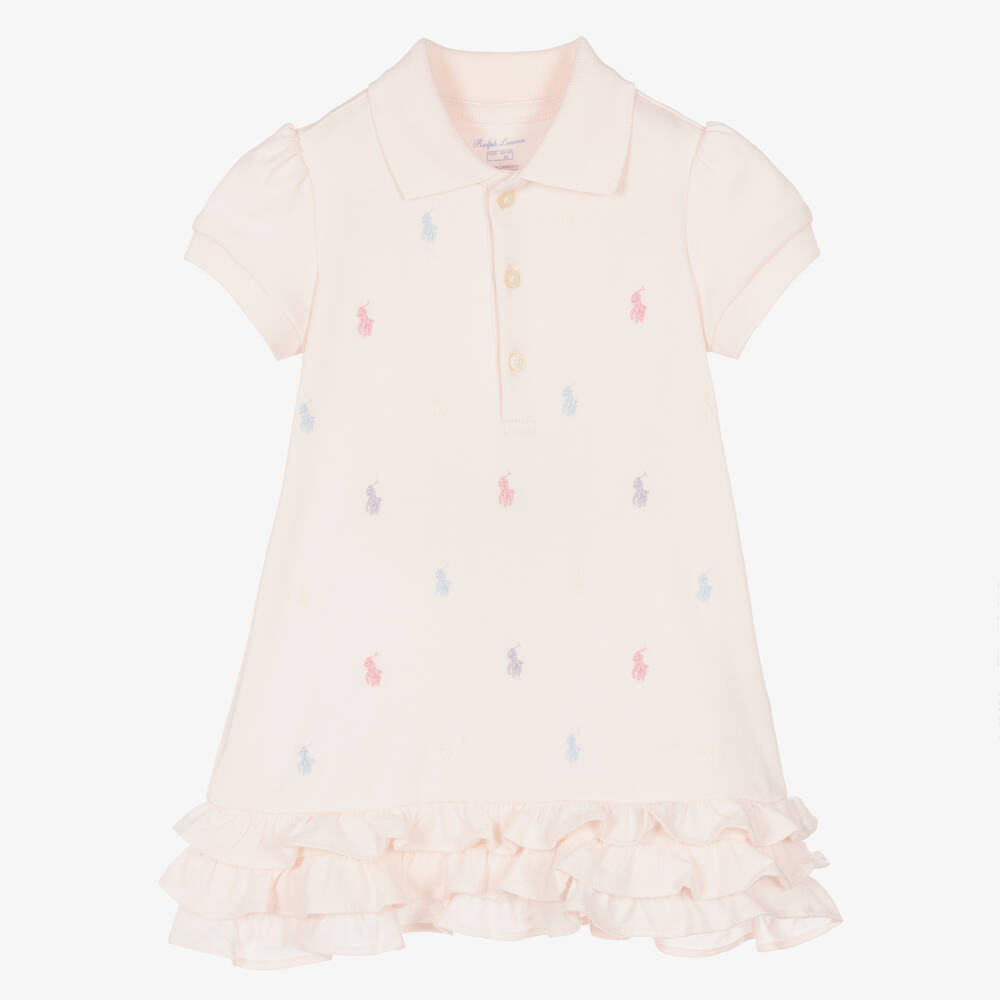 Ralph Lauren - Baby Girls Pink Embroidered Pony Polo Dress | Childrensalon