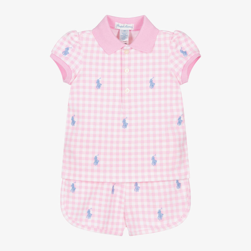 Ralph Lauren - Baby Girls Pink Gingham Cotton Shorts Set | Childrensalon