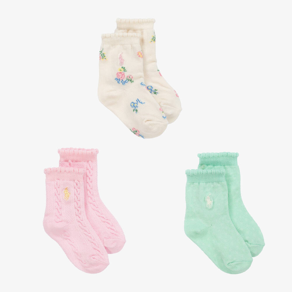 Ralph Lauren - Baby Girls Pink & Green Cotton Socks (3 Pack) | Childrensalon