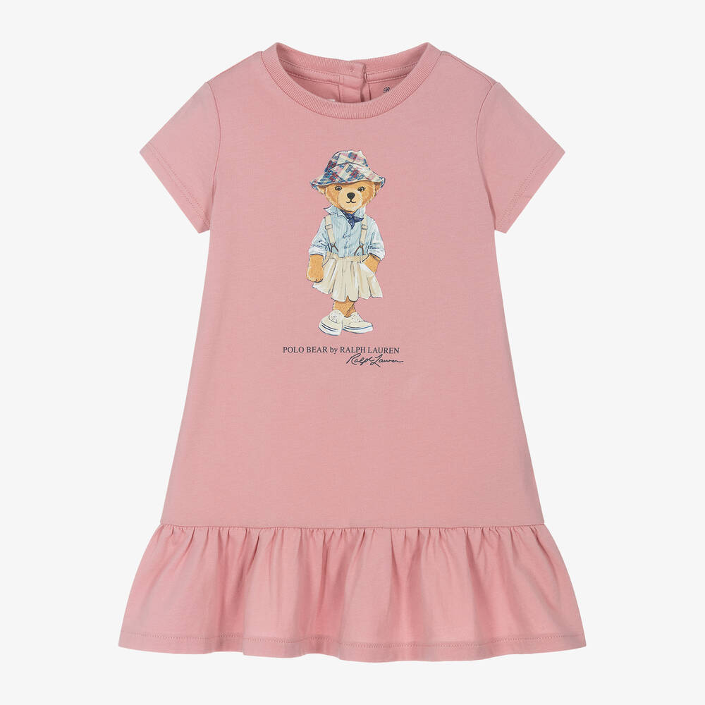 Ralph Lauren - Baby Girls Pink Polo Bear Cotton Dress | Childrensalon