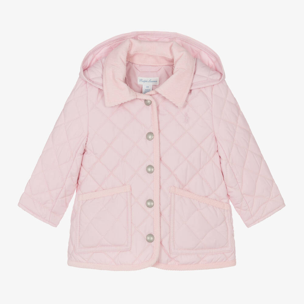 Ralph Lauren - Baby Girls Pink Quilted Hooded Jacket | Childrensalon