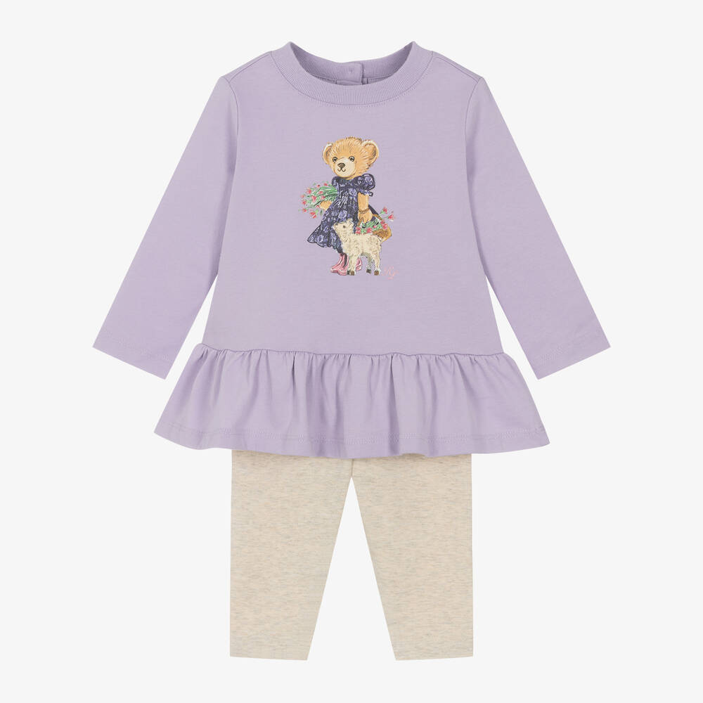 Ralph Lauren - Baby Girls Purple & Beige Bear Leggings Set | Childrensalon