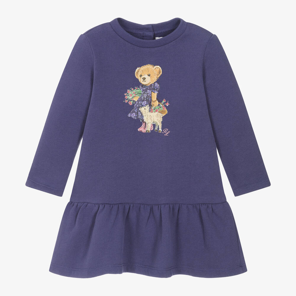 Ralph Lauren - Baby Girls Purple Cotton Bear Dress | Childrensalon