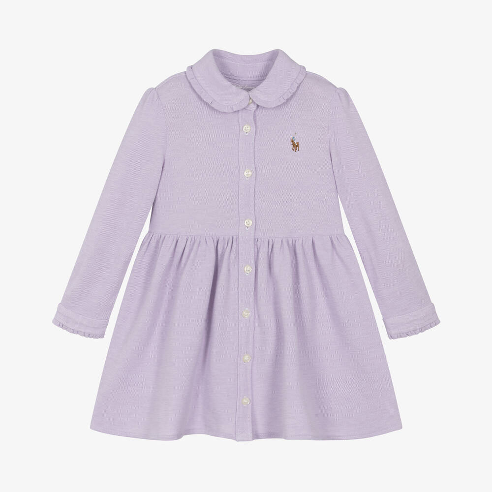 Ralph Lauren - Baby Girls Purple Cotton Piqué Dress | Childrensalon