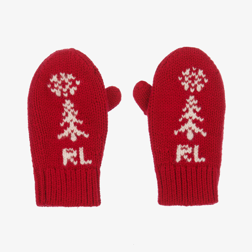 Ralph Lauren - Baby Girls Red Knit Festive Mittens | Childrensalon