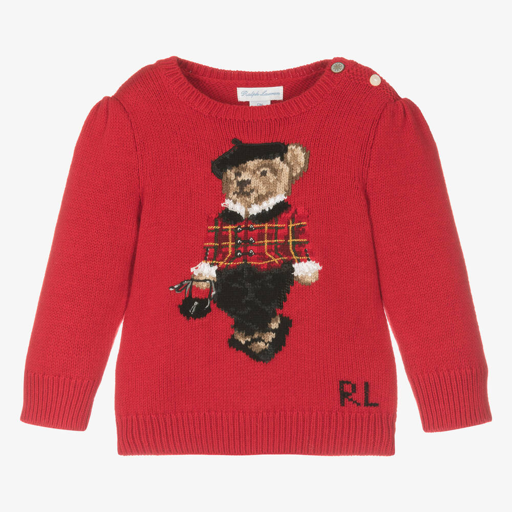 Ralph Lauren Baby Girls Red Knit Polo Bear Jumper