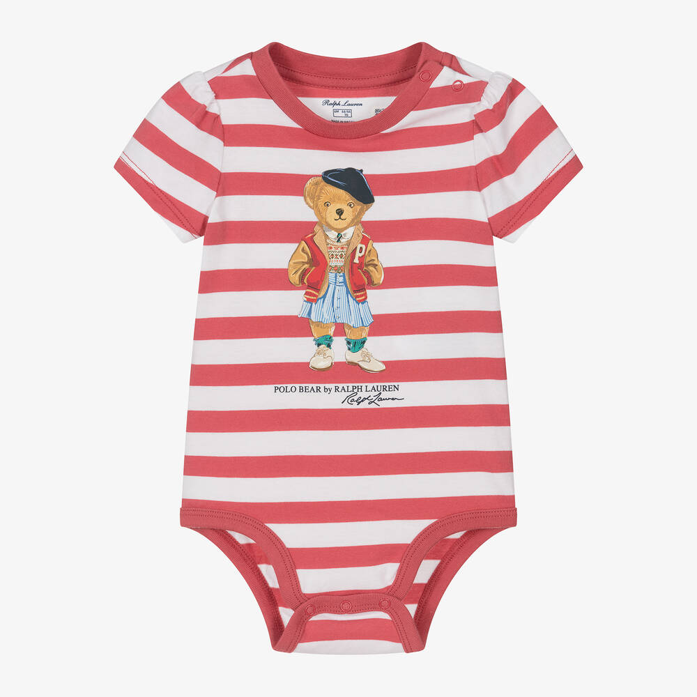 Ralph Lauren - Baby Girls Red Striped Cotton Bodysuit | Childrensalon