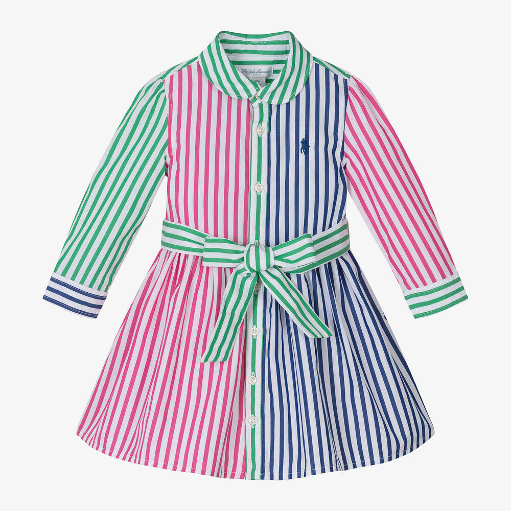 Ralph Lauren - فستان قميص قطن بوبلين مقلّم لون أزرق للمولودات | Childrensalon