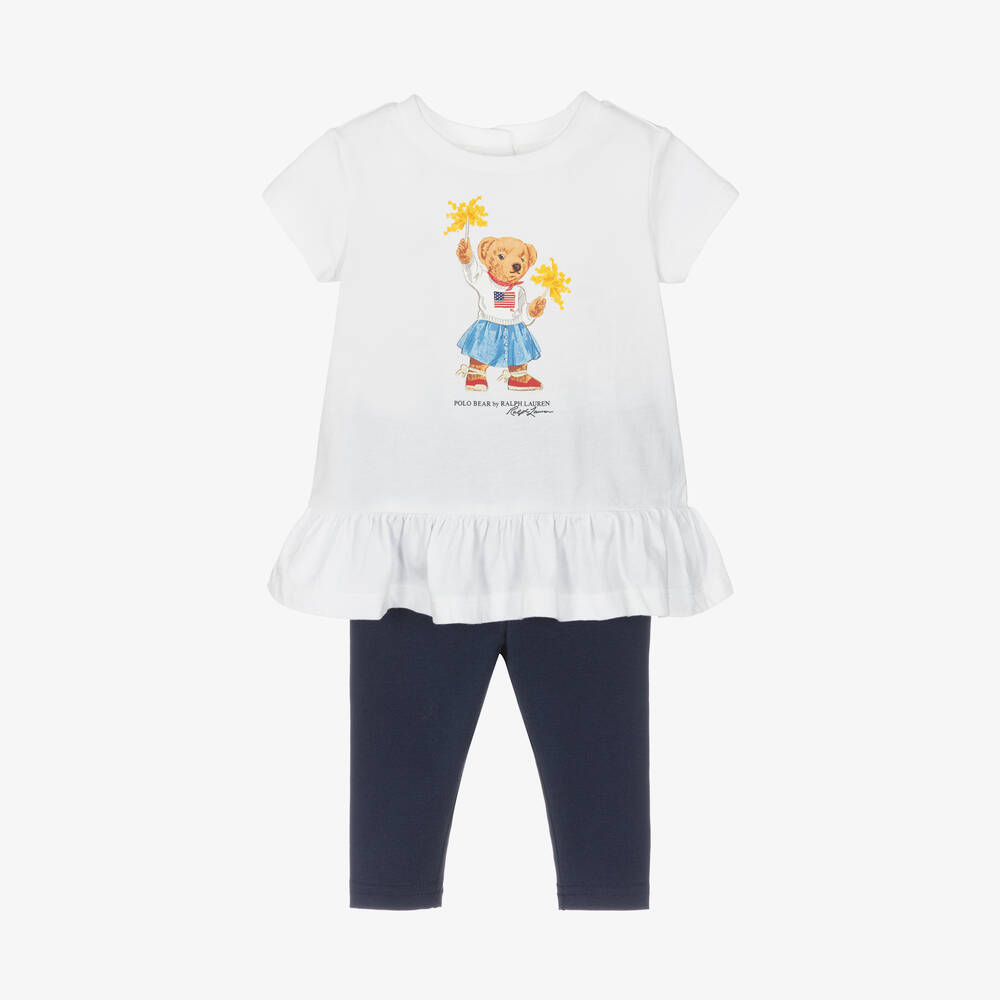 Ralph Lauren - Baby Girls White & Blue Cotton Leggings Set | Childrensalon