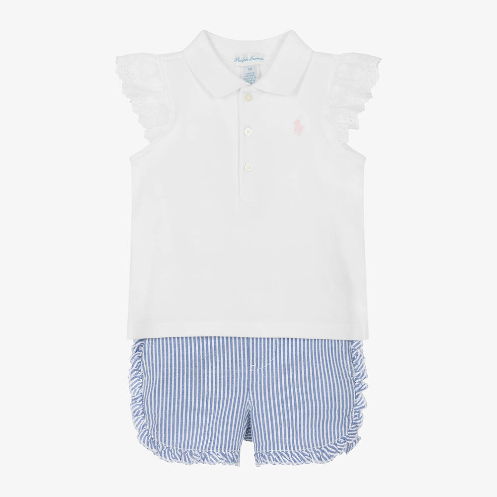 Ralph Lauren - Baby Girls White & Blue Cotton Shorts Set | Childrensalon
