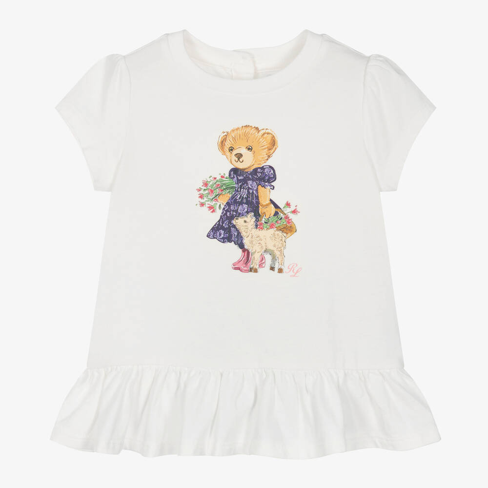 Ralph Lauren - Baby Girls White Cotton Bear T-Shirt | Childrensalon