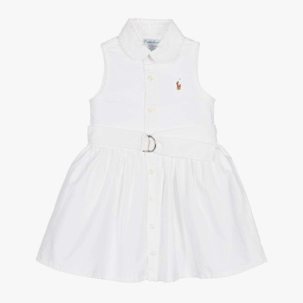 Ralph Lauren - Baby Girls White Cotton Belted Dress | Childrensalon