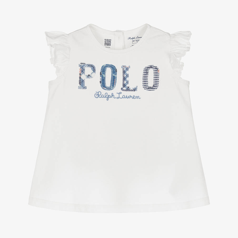 Ralph Lauren - Baby Girls White Cotton Patchwork T-Shirt | Childrensalon