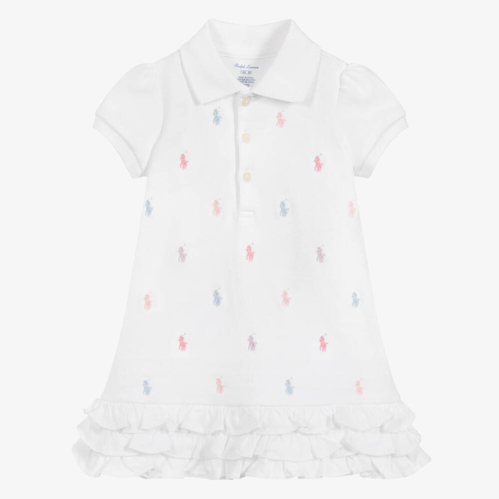 Ralph Lauren - Baby Girls White Cotton Polo Dress | Childrensalon