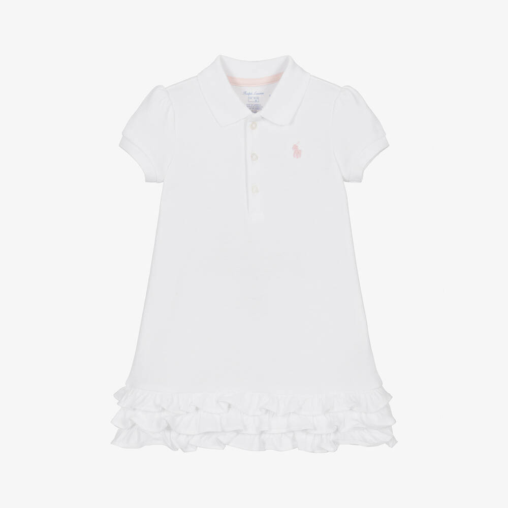 Ralph Lauren - Baby Girls White Cotton Ruffle Polo Dress | Childrensalon