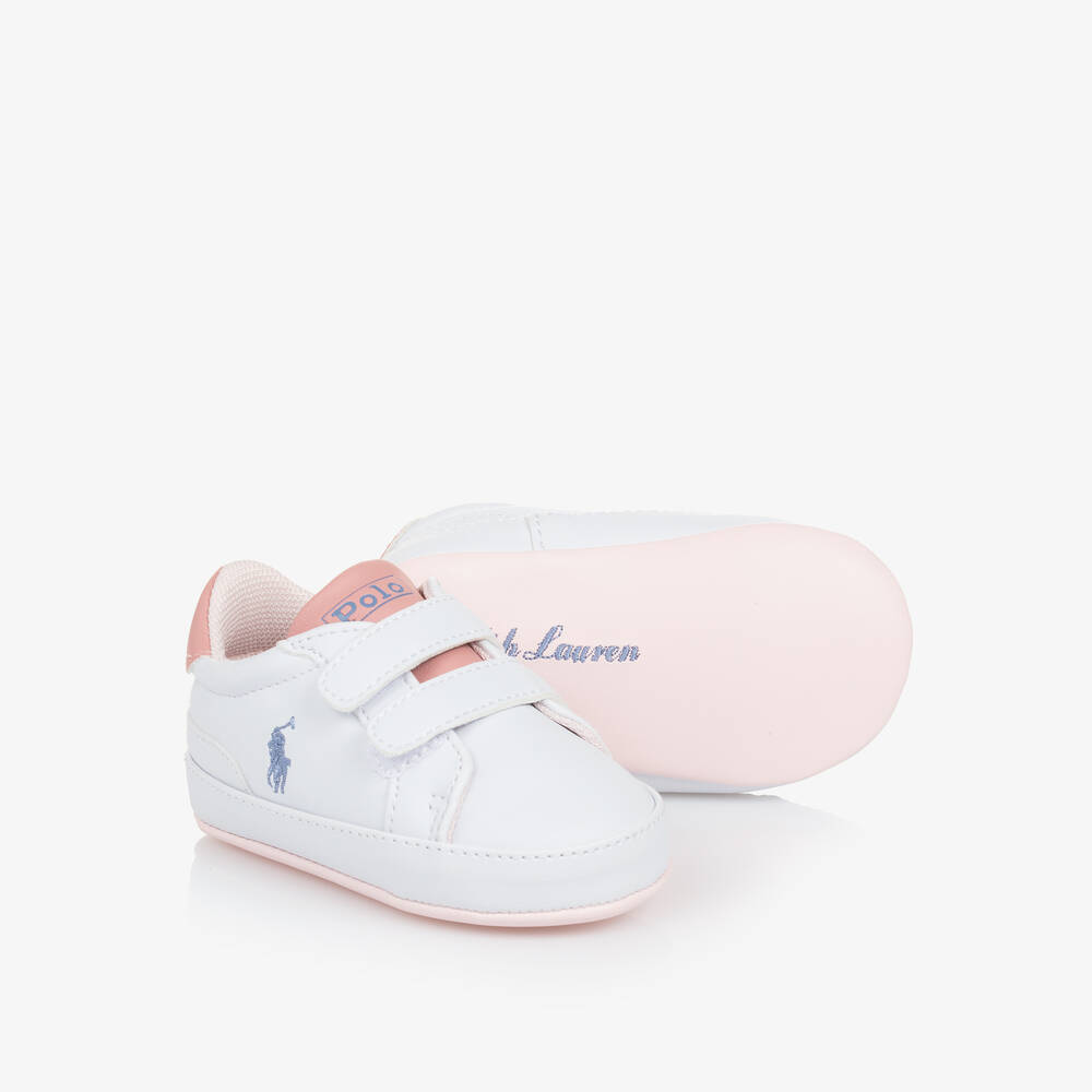 Ralph Lauren - Baby Girls White & Pink Pre-Walker Trainers | Childrensalon