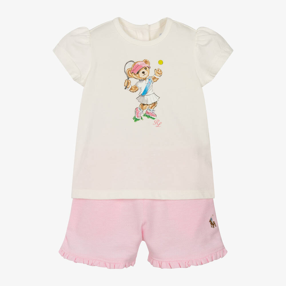 Ralph Lauren - Baby Girls White & Pink Shorts Set | Childrensalon