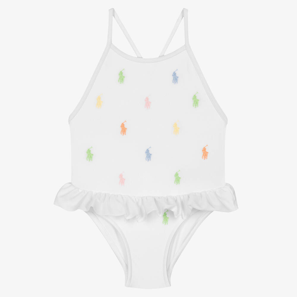 Ralph Lauren - Baby Girls White Pony Logo Swimsuit | Childrensalon