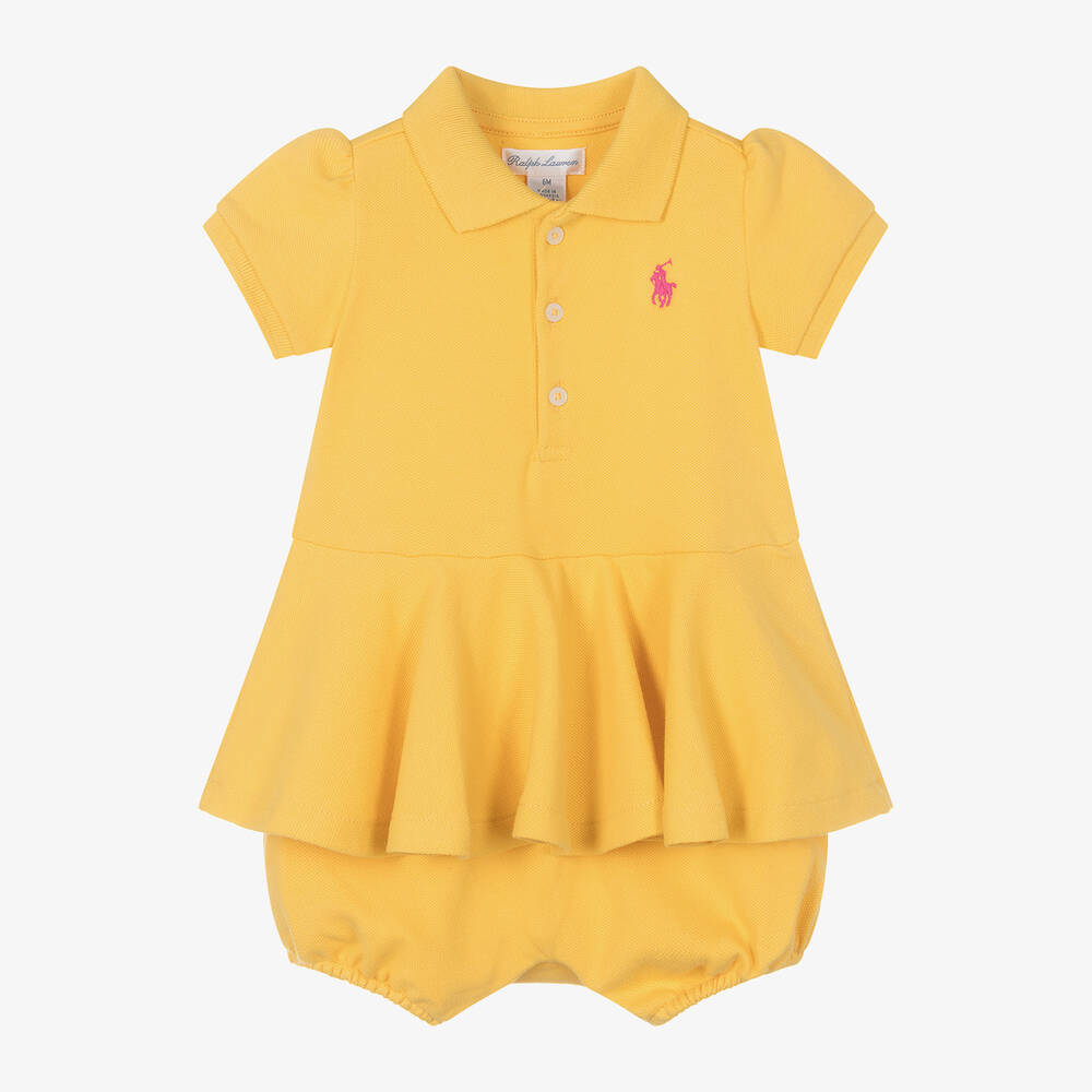 Ralph Lauren - Baby Girls Yellow Cotton Pony Shortie | Childrensalon