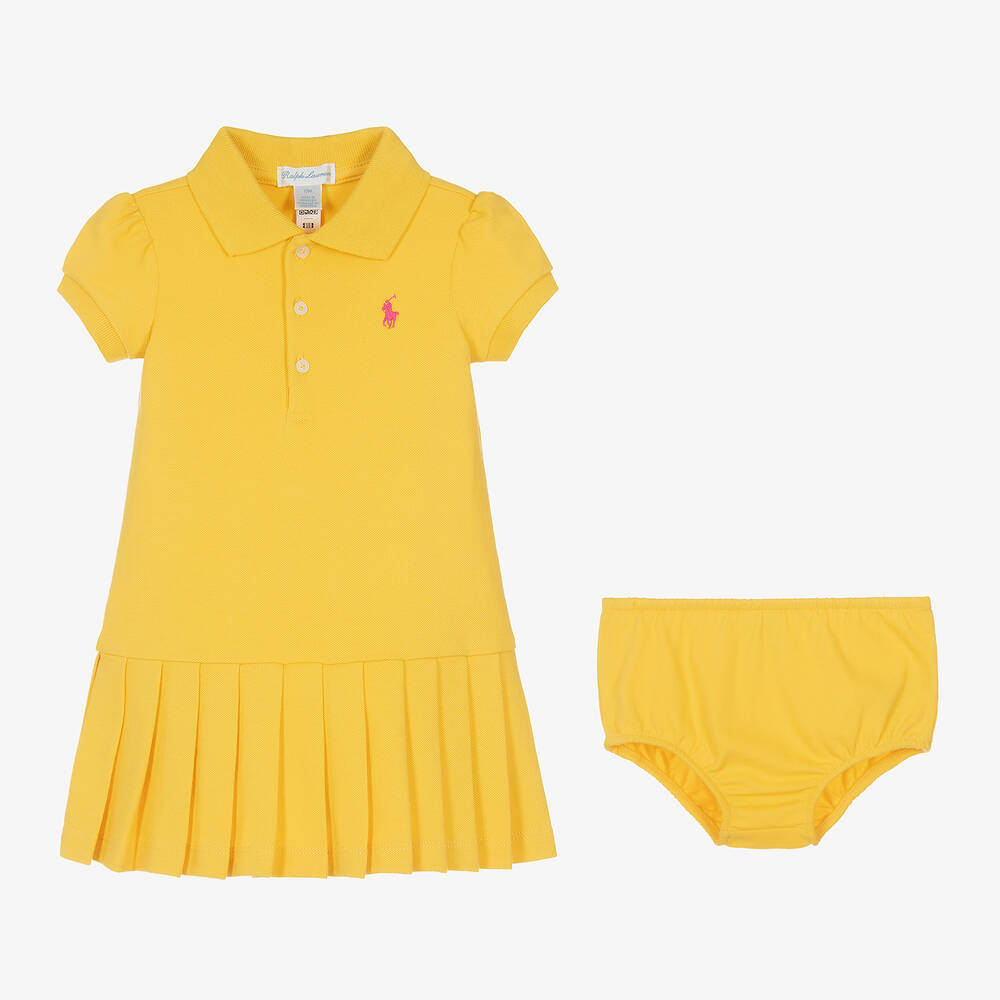 Ralph Lauren - Baby Girls Yellow Pleated Polo Dress | Childrensalon