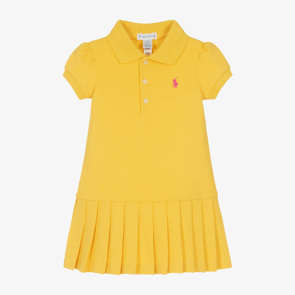 Ralph Lauren - فستان بولو قطن بيكيه بكسرات لون أصفر للمولودات | Childrensalon