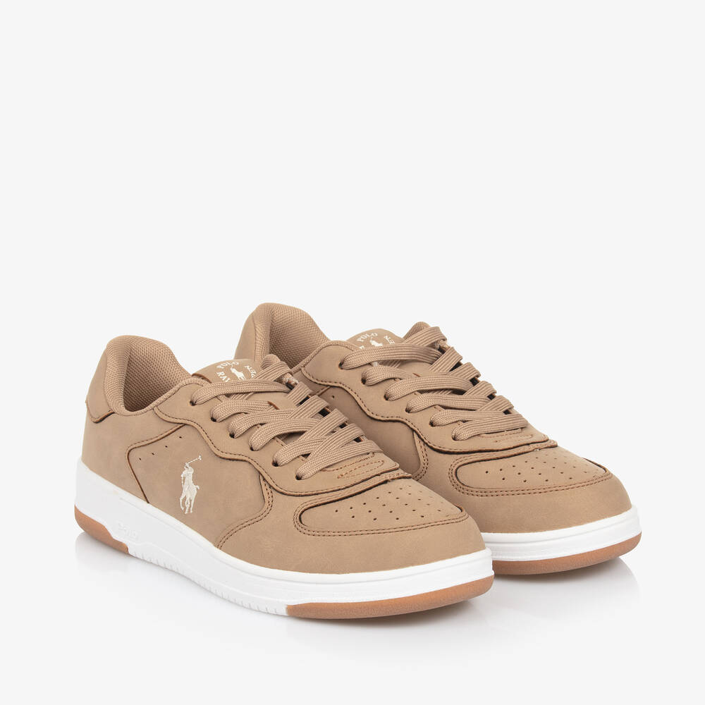 Ralph Lauren - Beige Faux Leather Lace-Up Trainers | Childrensalon