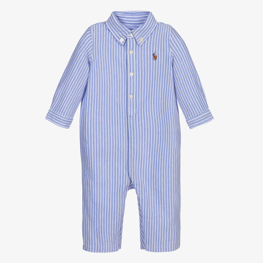 Ralph Lauren - Голубой хлопковый ромпер в полоску для малышей | Childrensalon