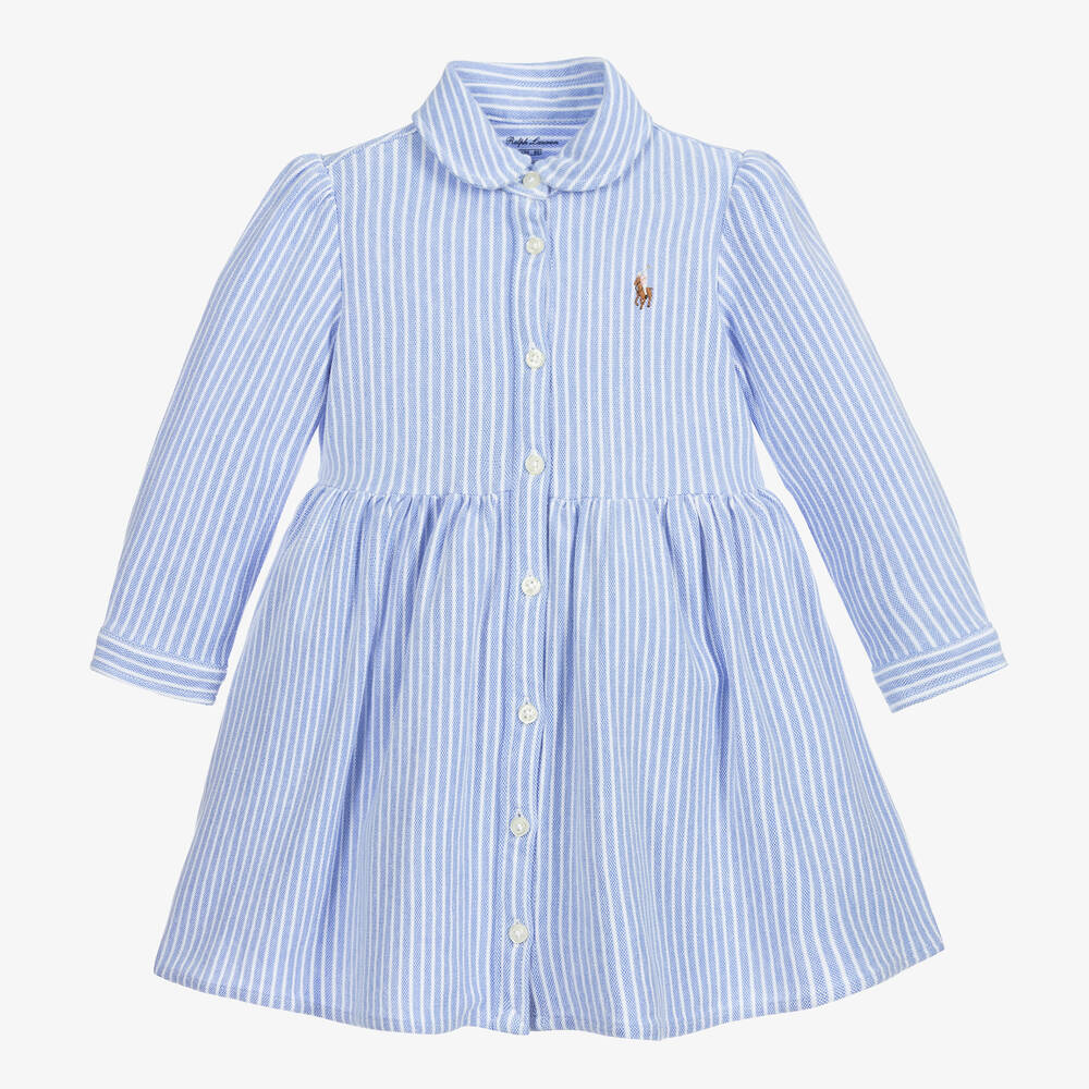 Ralph Lauren - فستان قميص قطن بيكيه مقلم لون أزرق وأبيض | Childrensalon