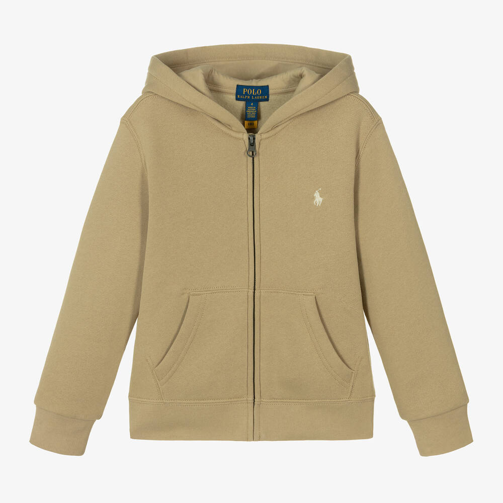 Ralph Lauren - Boys Beige Cotton Zip-Up Hoodie | Childrensalon