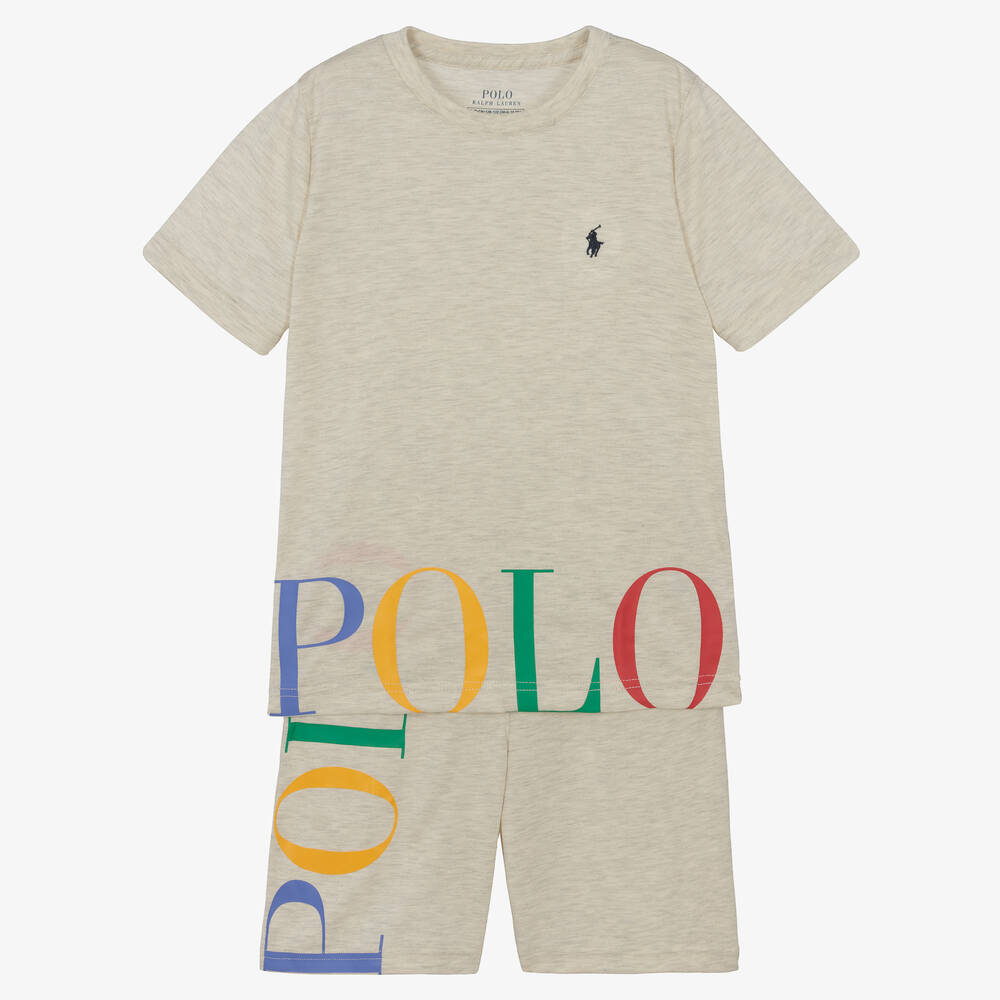 Ralph Lauren - Boys Beige Marl Jersey Pyjamas | Childrensalon