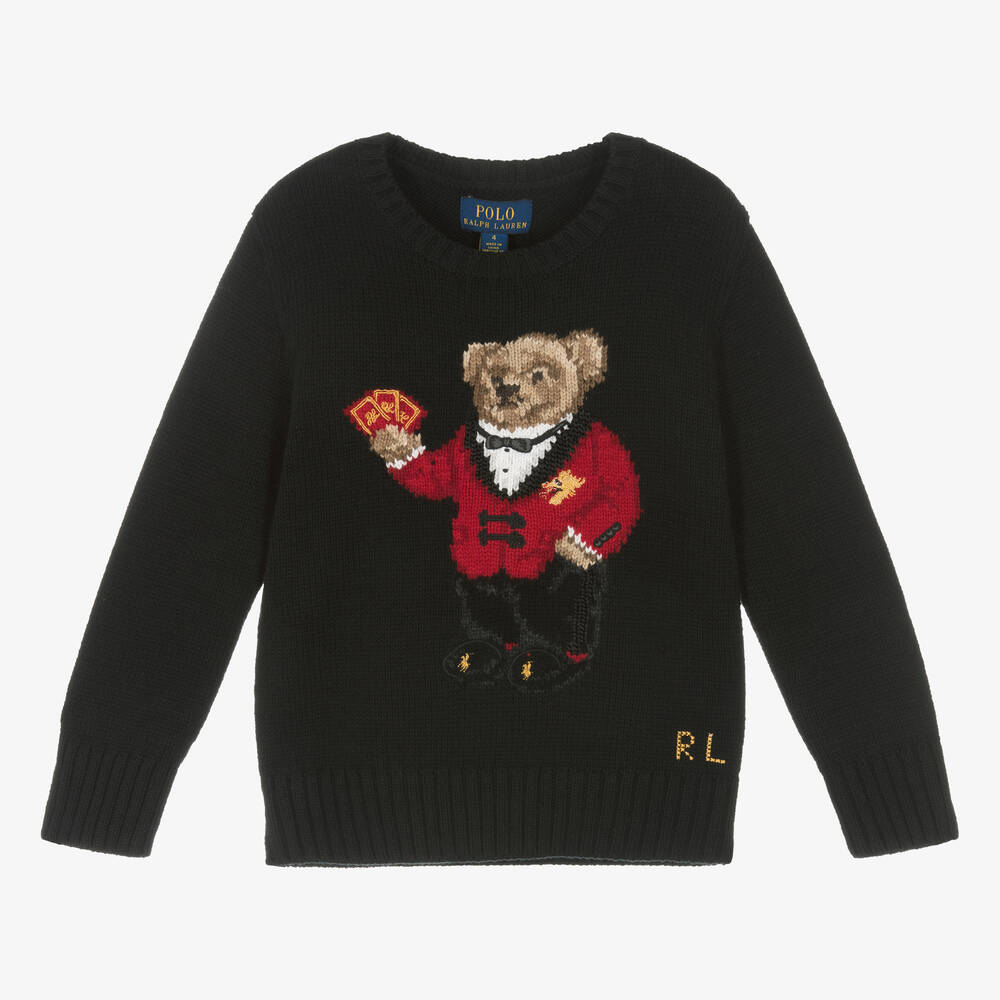 Ralph Lauren - Pull noir en coton Polo Bear garçon | Childrensalon