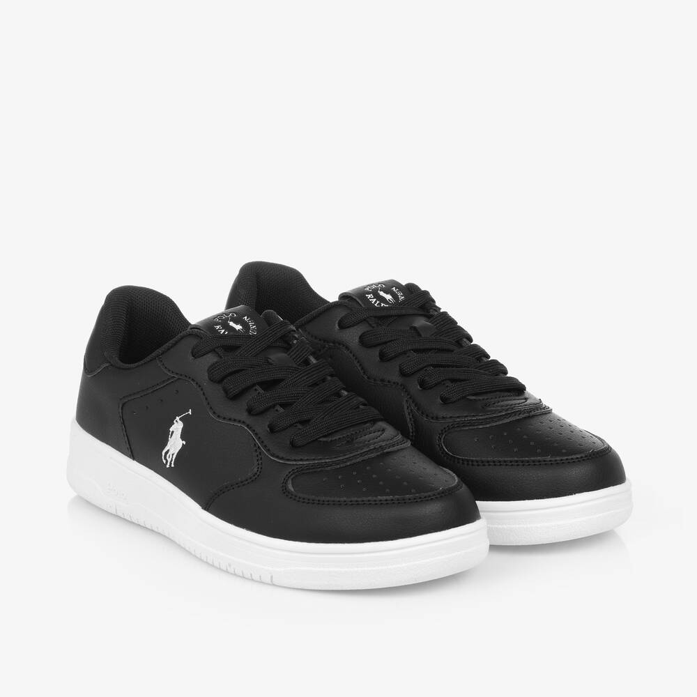 Ralph Lauren - Boys Black Faux Leather Lace-Up Trainers | Childrensalon