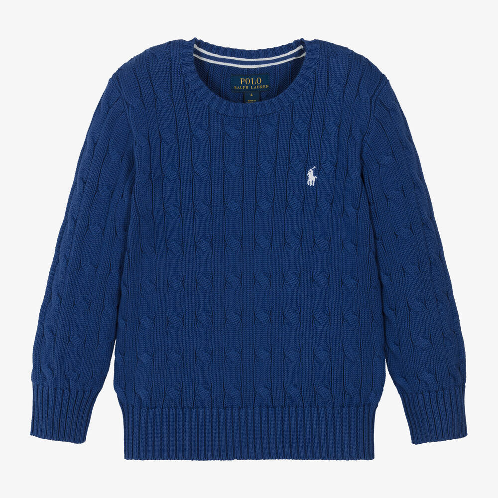 Ralph Lauren - Boys Blue Cable Knit Cotton Sweater | Childrensalon