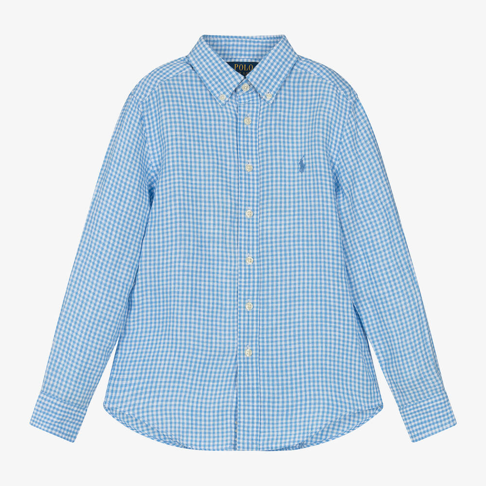 Ralph Lauren - Boys Blue Check Linen Shirt | Childrensalon