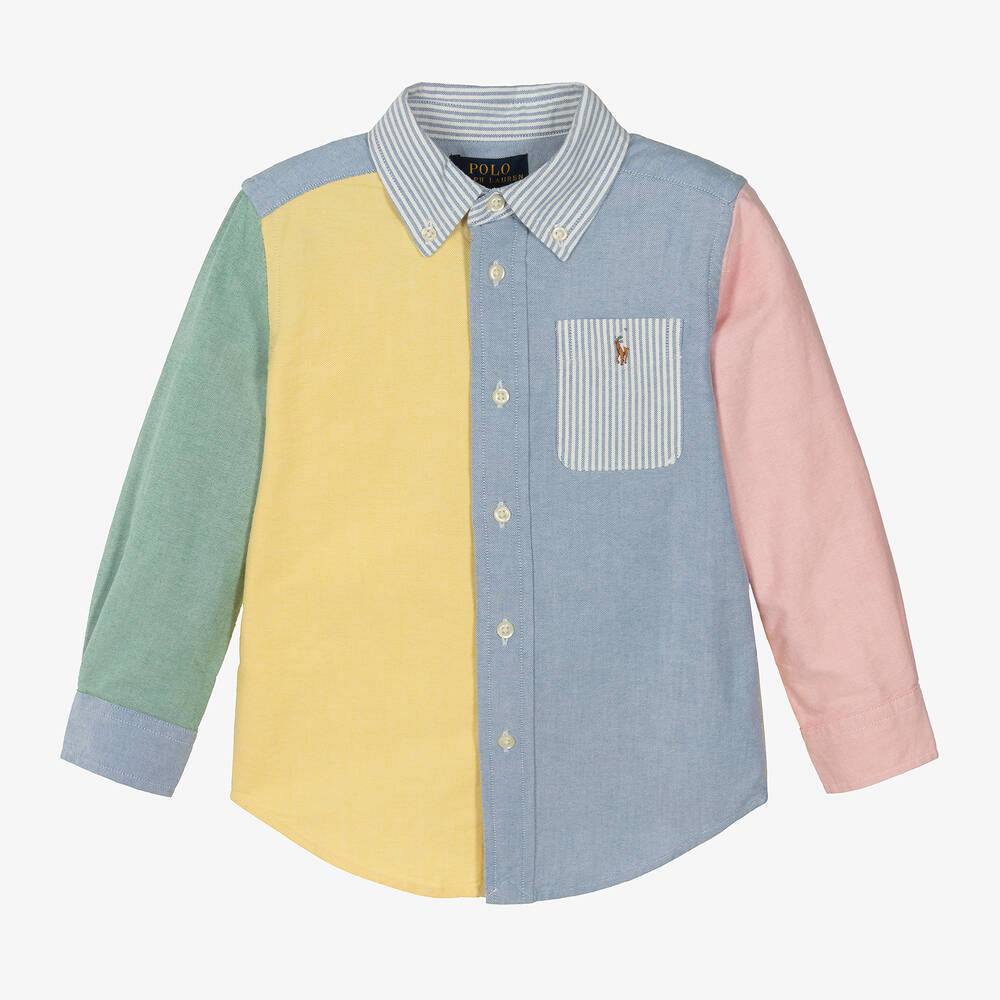 Ralph Lauren - Boys Blue Colourblock Cotton Pony Shirt | Childrensalon